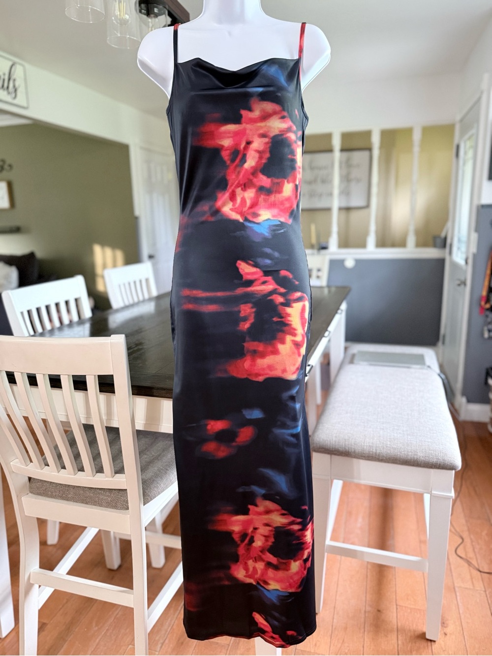 MICAS Satin Slip Dress in Navy Blue with Mosaic Accents